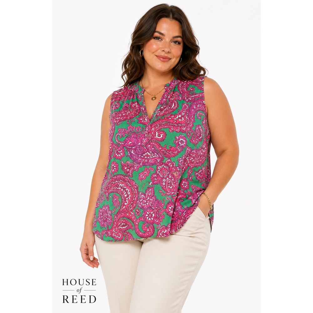 Crown & Ivy Curvy Womens 3X Pink Green Paisley Sleeveless Split Neck Blouse Top